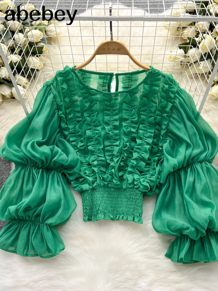 

Korean Fashion Solid Shirt For Women Round Neck Puff Sleeve Patchwork Ruffles Slim Blouses Female Spring Clothing