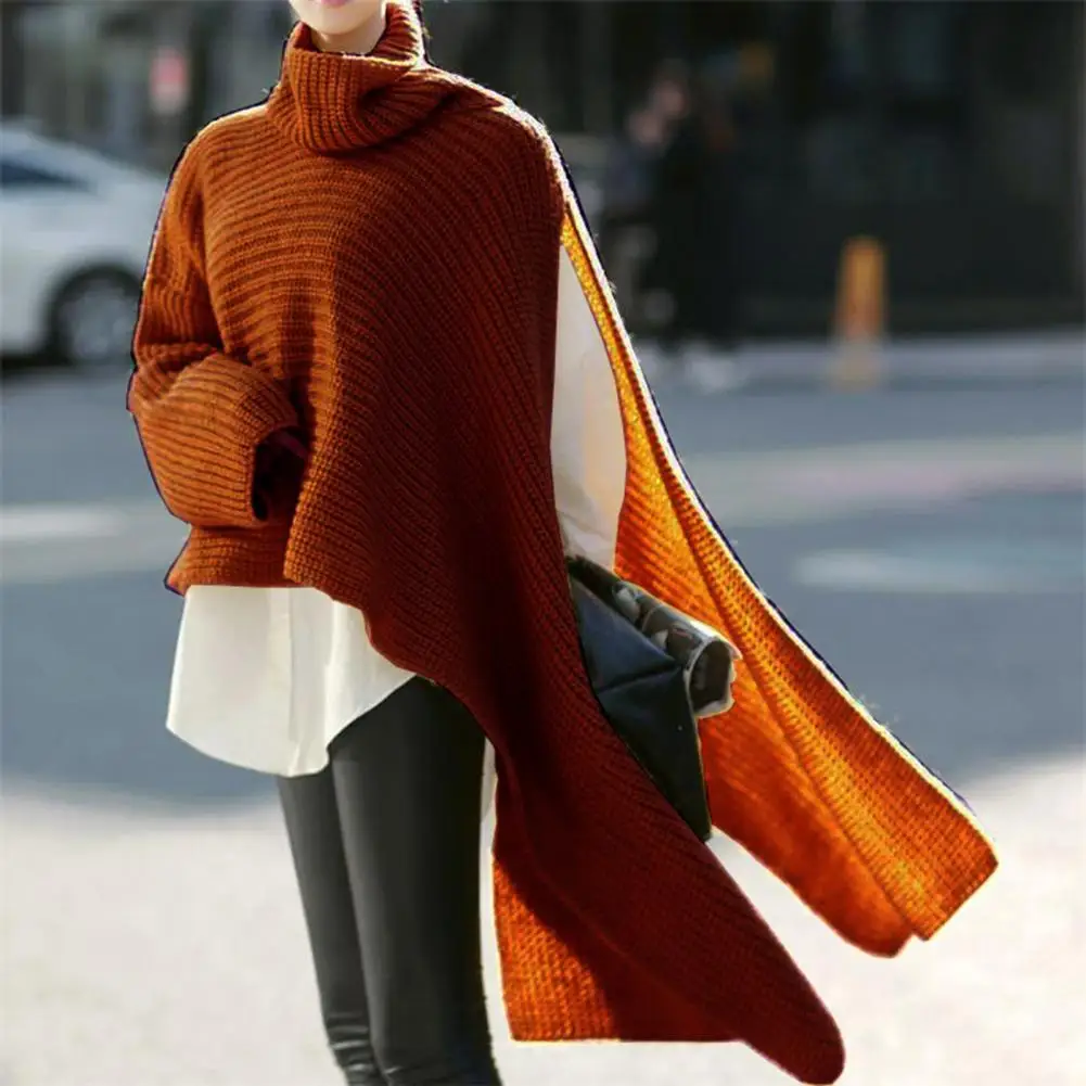 

Irregular Side Split Cloak Design Knitwear Turtleneck Single Long Sleeve Thick Sweater Solid Color Asymmetrical Pullover Sweater