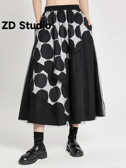 

[ZD Studio] High Elastic Waist Black Dot Mesh Irregular Casual Midi Half-body Skirt Women Tide New Spring Autumn 2023