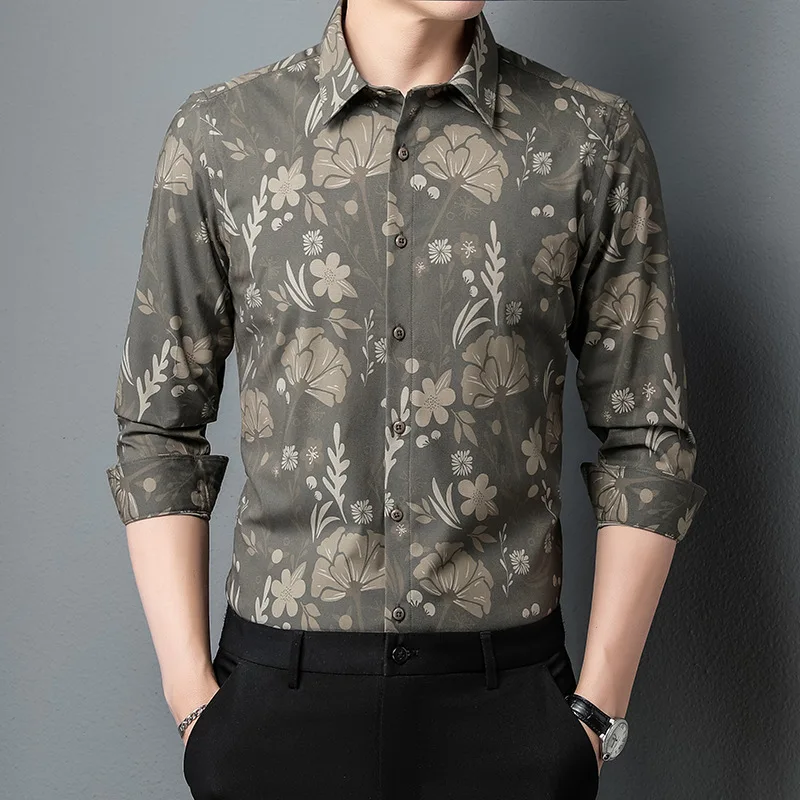 Mattswag Mens Flowers Printing Vintage Long Sleeve T Shirts Spring Autumn Breathable Men's Clothing Casual Slim Fit Shirt Camisa