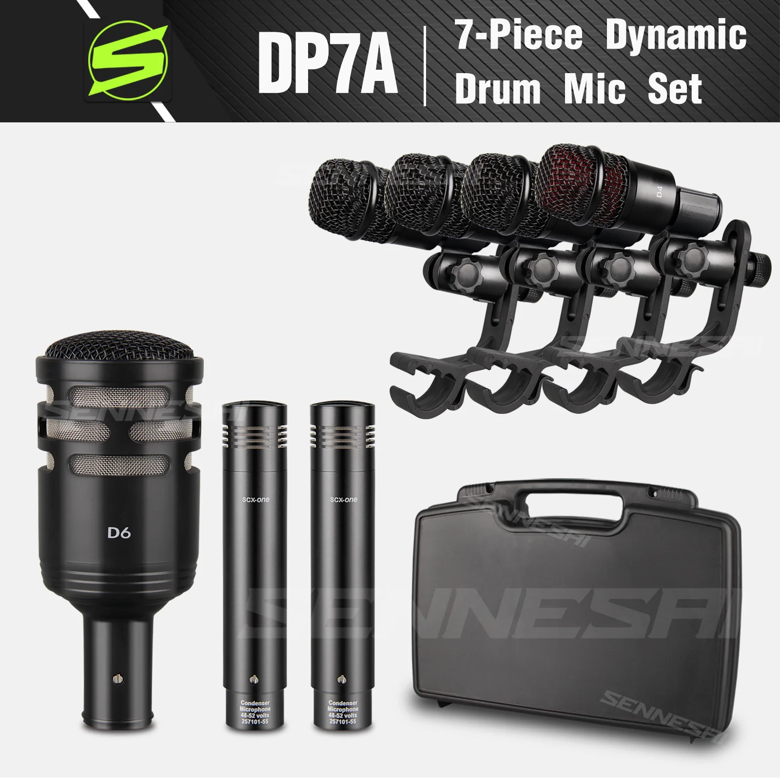 

SENNESAI Top Quality！DP7A 7-Piece Wired Dynamic Drum Microphone (Metal)- Kick Bass, Tom/Snare & Cymbals Mic Set With Box Use