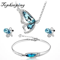 blue crystal jewelry set charm silver color stud earrings for women dainty butterfly bracelet wedding chain necklace