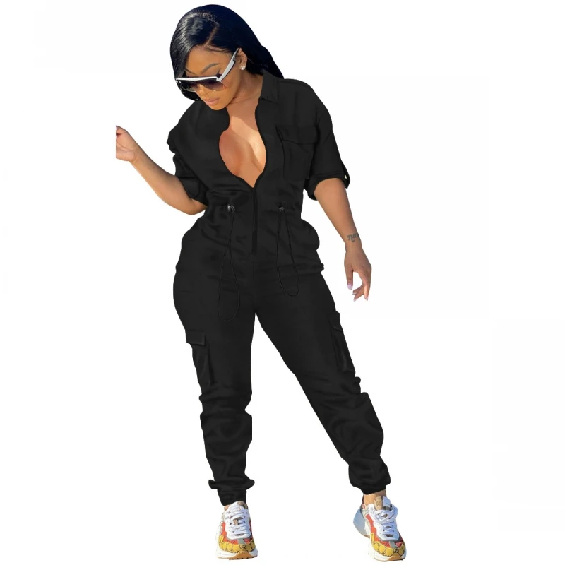 

Women Zipper Fly Pocket Front Long Sleeve Polo-collar Cargo Jumpsuit 2023 Summer Safari Playsuit One Piece Suit Romper