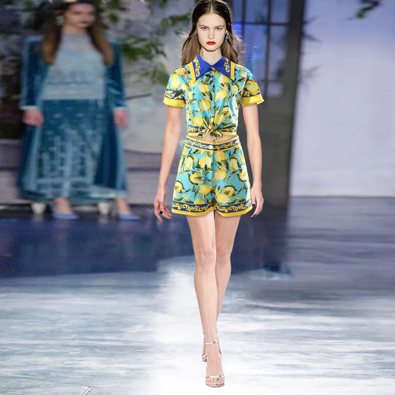 

2022 Summer Vacation Fashion Shorts Suit Women's Short sleeve Lemon printing Top and Shorts Two Pieces Sets