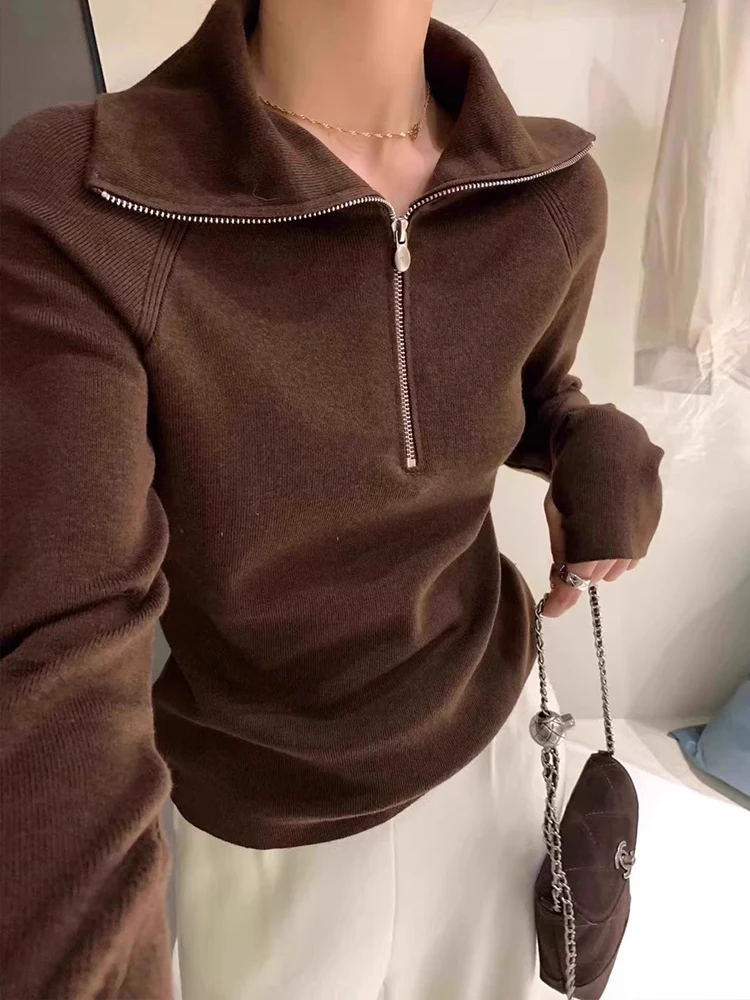 Gray Half Zipper Turtleneck Knitted Bottoming Shirt Women Winter Inner wear Design Sense Slim fit Sweater Long sleeve Fleece Top