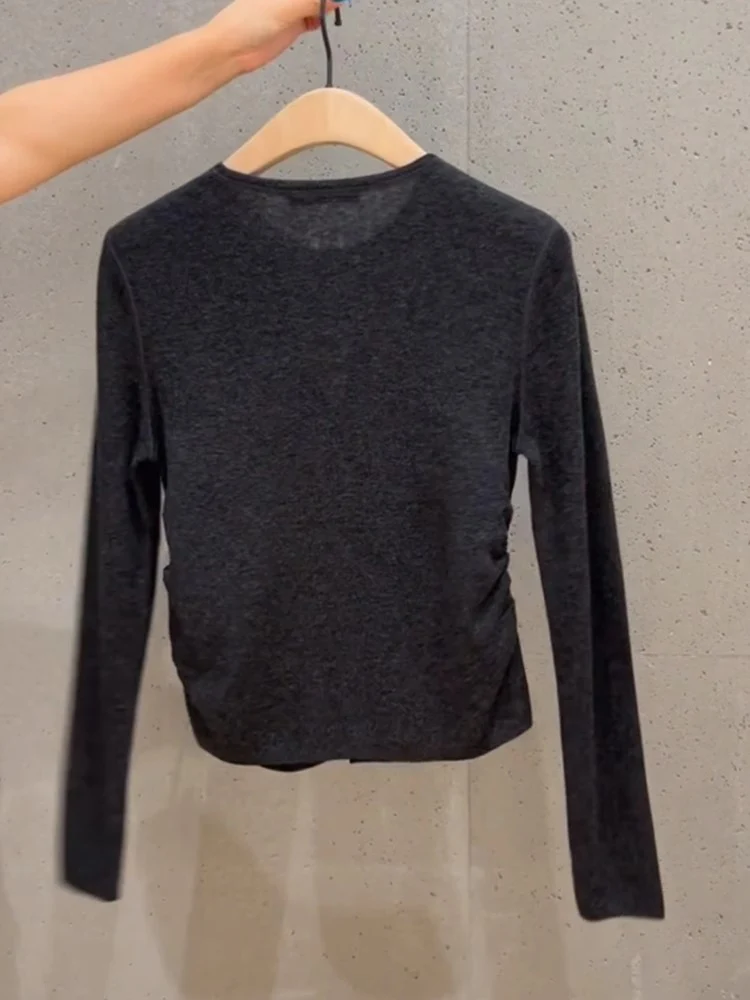 Korean Series Design Sense Chic Dark Gray Top Women Autumn and Winter High Long sleeve Base Knit cardigan Inner wear