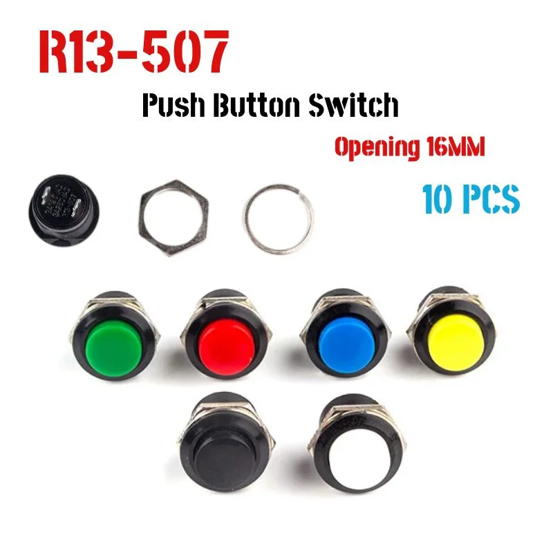 

10 pcs R13-507 Momentary SPST NO Red Black White Yellow Green Blue Round Cap Push Button Switch AC 6A/125V 3A/250V 6color