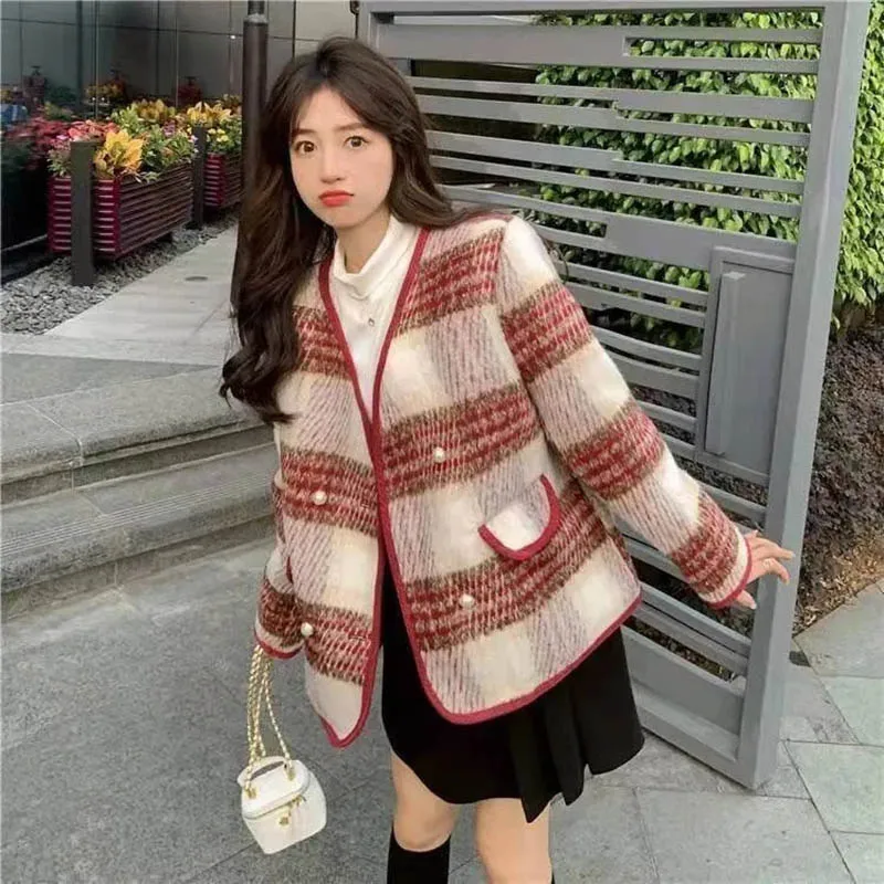 Temperament Loose Wool Blend Outerwear Autumn Winter Korean Fashion Thicken Warm Short Jacket Street New Plaid Woman Cardigan