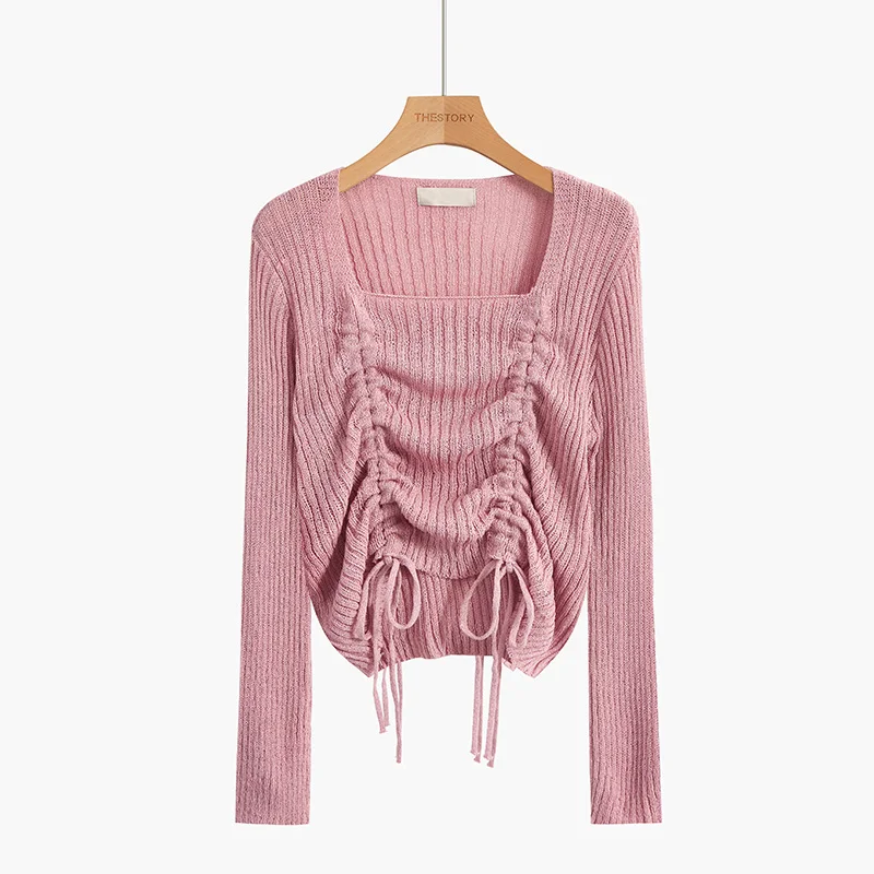 

Abrini Women Bandage Stripe Knit Tops Sweater Lady Elastic Slim Pullover Knitted Long Sleeve Pullovers Drawstring Spring Autumn