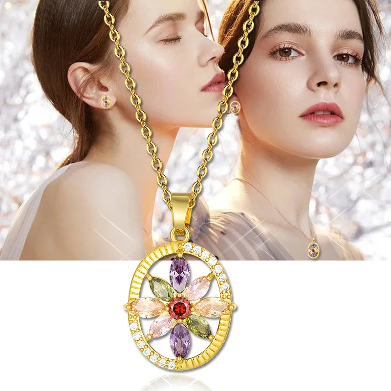 

Ожерелье с подвеской и серьги-гвоздики, набор из кубического циркония, медный великолепный Радужный цветок, золотой цвет, свадебная оптовая...