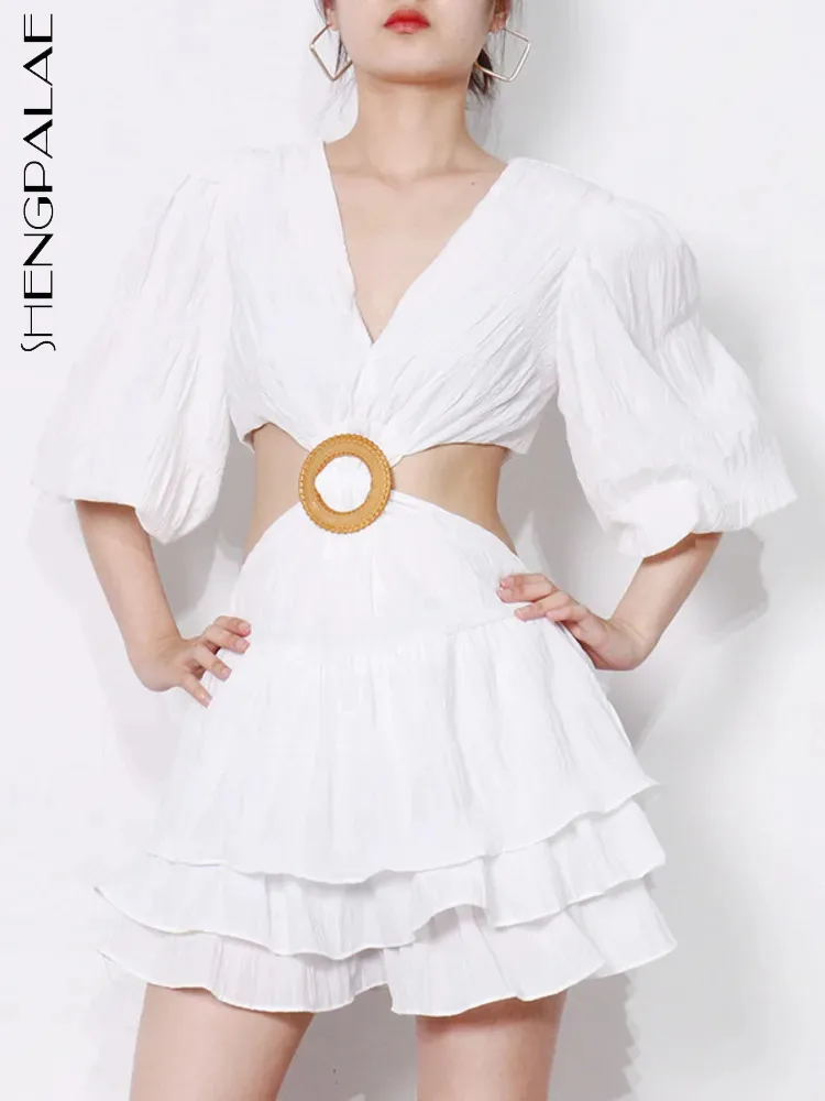 

SHENGPALAE модное шикарное Открытое платье для женщин, осень 2023, Новое поступление, v-образный вырез, пышные рукава, сплошной цвет, мини, складки, Vestido 5R7997
