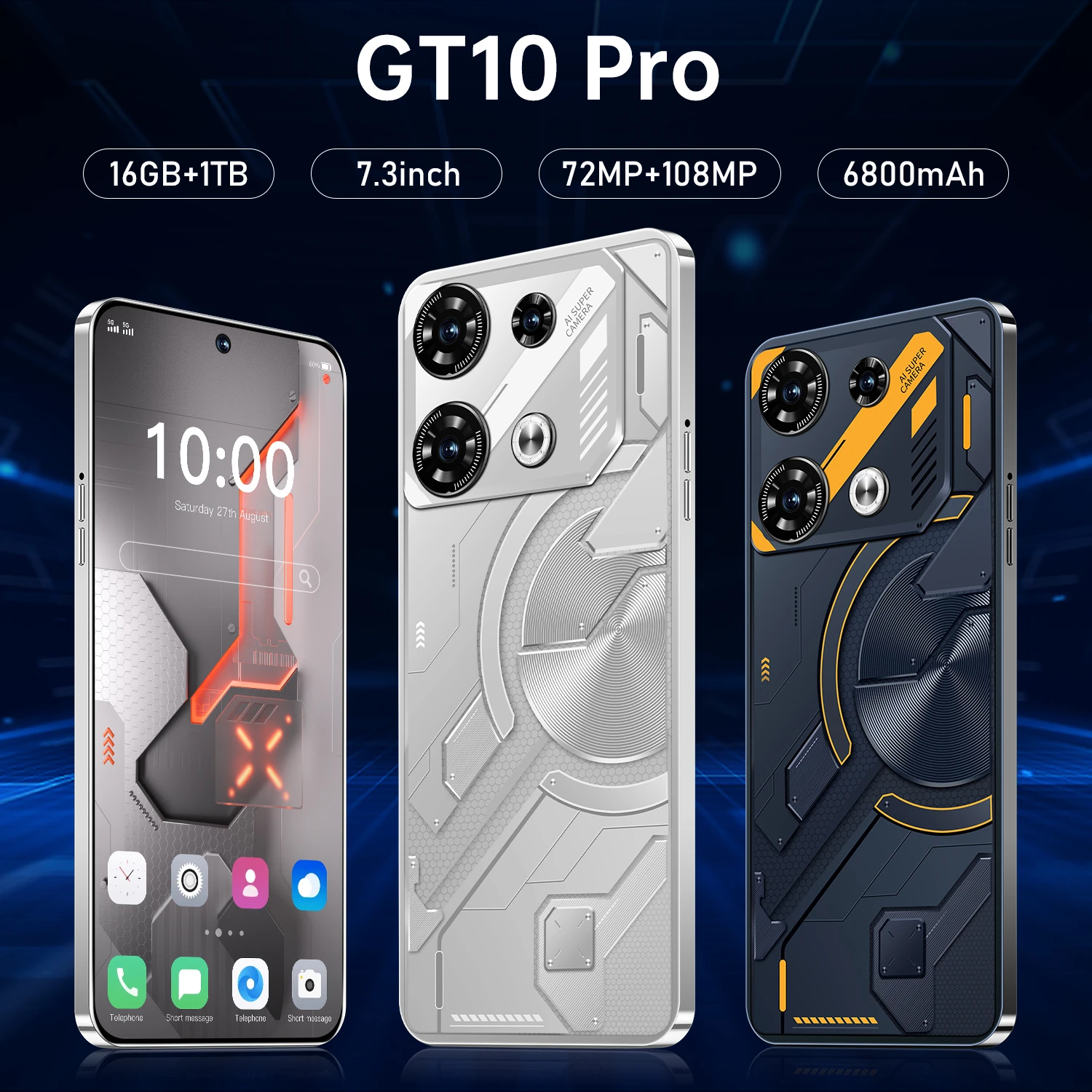 New-GT10 Pro смартфон Android двойная SIM-карта 7 3 дюйма 16 + 1024 ГБ ПЗУ 72 108 МП мобильные