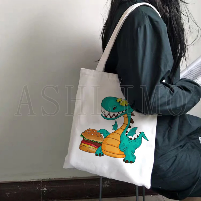 

Ins Cartoon Dinosaur Shopping Bag Women Canvas Tote Bag Printing High Capacity Eco Reusable Teacher Suppli Shopper Shoulder Bag