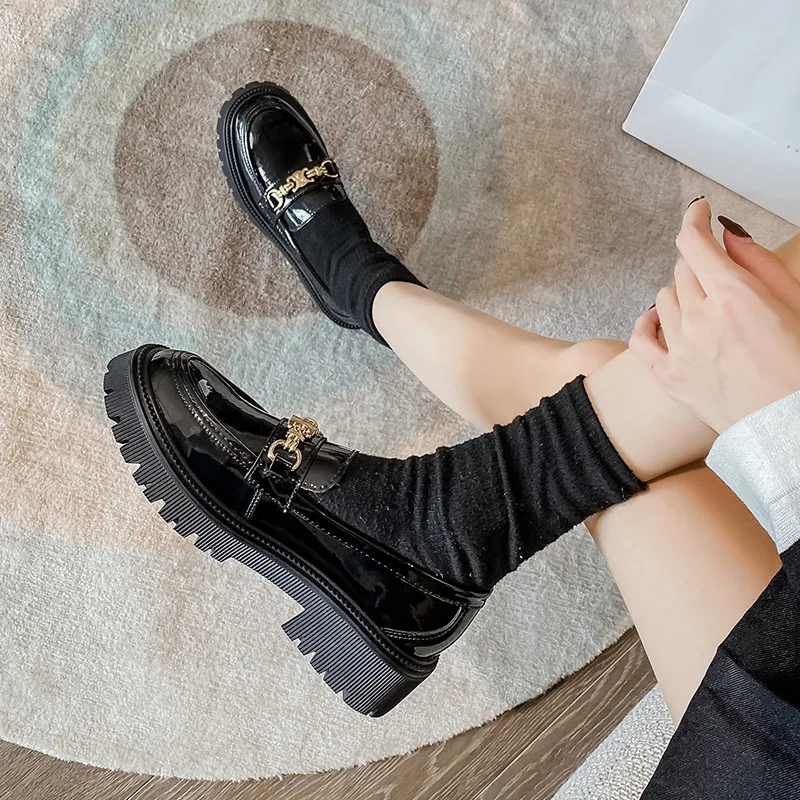 2023 Spring New Women's Loafers Thick Sole Thick Heel Round Toe British Style Small Leather Shoes Large Size Women's Shoes