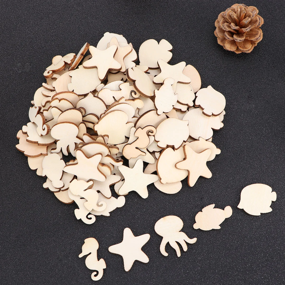 

100pcs Cartoon Wooden Pieces DIY Cutouts Embellishments Wood Ornament Manual Accessories for Craft Art (No. 2) (Random Pattern)