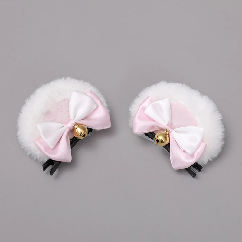 Handgemachte Kunst pelz runde Bären ohren Haars pange süße Doppel Bowknot Glocke Plüsch Tier Haarnadeln Anime Lolita Kawaii Cosplay – Detail 3