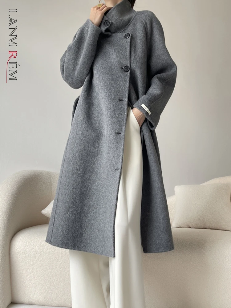 

LANMREM модное шерстяное длинное пальто с поясом, женское однобортное пальто с воротником-стойкой, однотонная одежда, новинка зимы 2023, 2AA2792