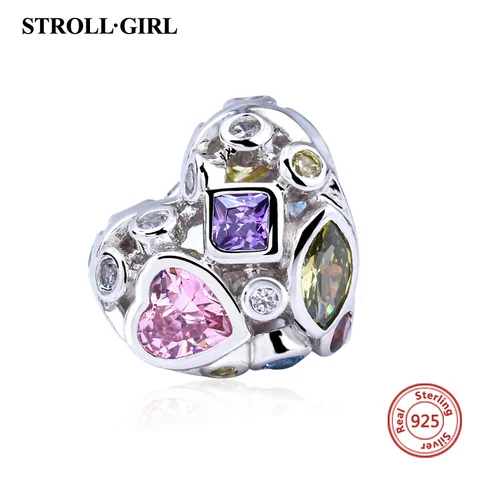 Fit Authentic Pandora Bracelet New Charm 925 Sterling Silver Heart With Colors Clear CZ Stone Charms beads Jewelry Women Gifts