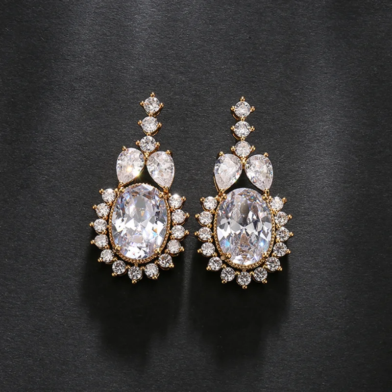 

JUNZI New Fashion Oval Cubic Zirconia Dangle Earrings for Women Elegant Blue Flower Crystal Earring Girls Wedding Party Jewelry
