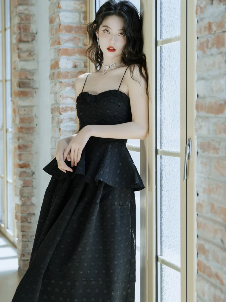 

Black Suspender Skirt Retro Elegant Women Outfits Summer Vintage Jacquard Sexy Slip Top+Elastic Waist Skirt Suit Fashion Female