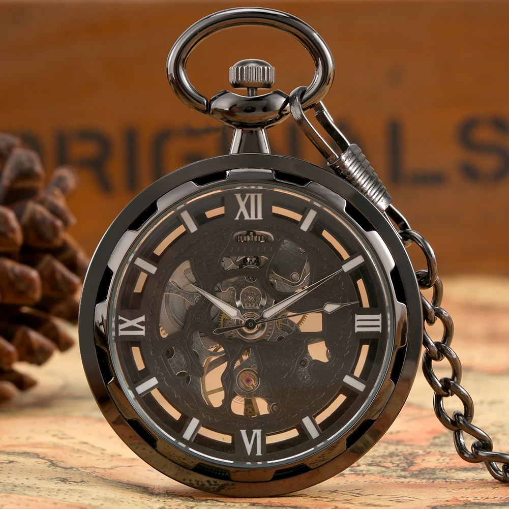 Black Transparent Skeleton Mechanical Hand-Winding Pocket Watch Fob Chain Roman Numerals Display Open Face Vintage Pendant Clock