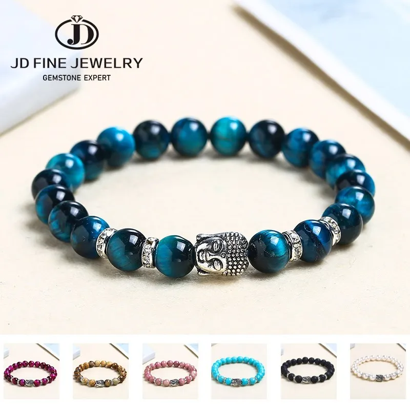 

JD Buddha Head Tiger Eye Beaded Bracelet Men Women 8mm Natural Stone Chakra Yoga Prayer Bangles Vintage Elastic Charm Jewelry