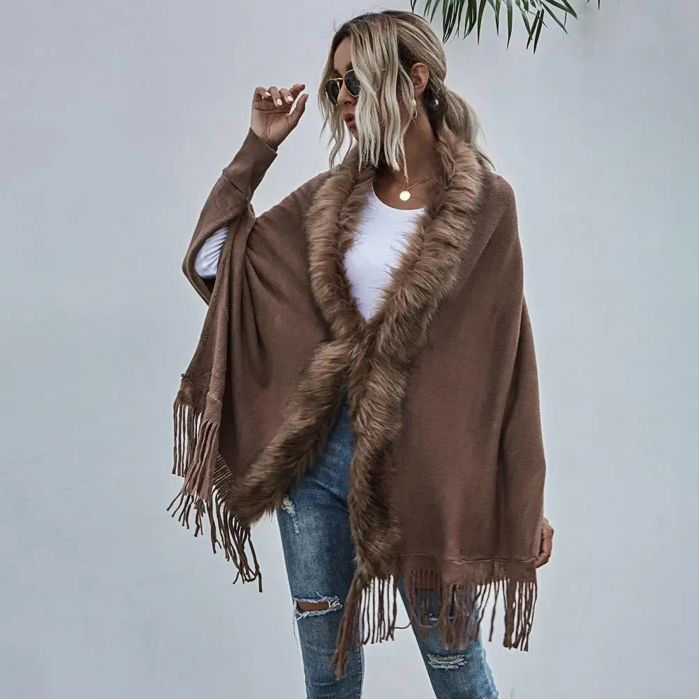 

Batwing Sweater Coat Mid-Length Shawl Cardigan Fall Winter Cape Coat Artificial Fur Collar Tassel Hem Women Knitting Poncho