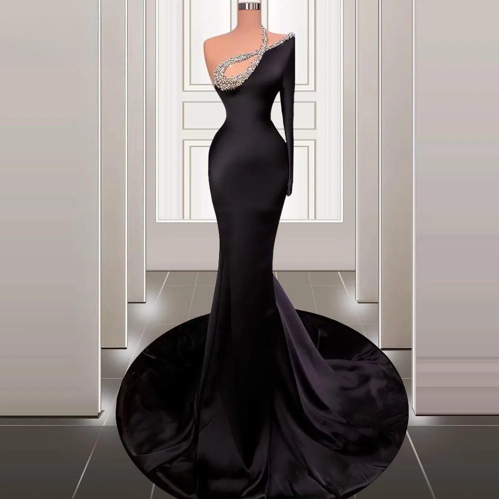 

Black Prom Dresses Mermaid Long Sleeves Satin Beaded Prom Gown Saudi Arabia Dubai Black Girls Evening Dresses Robe De Soiree
