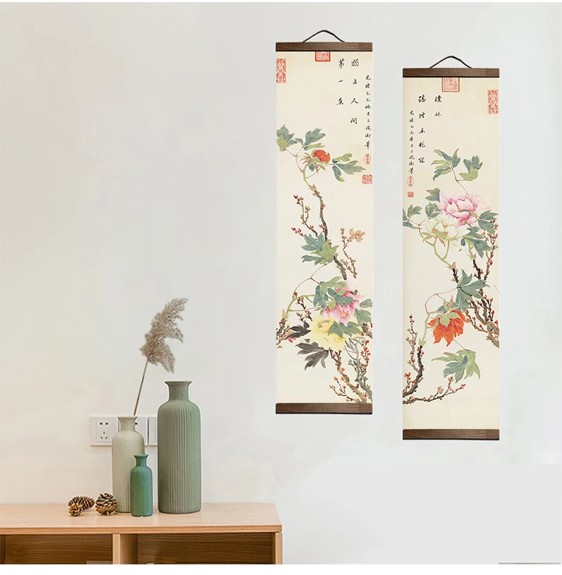 Chinese style Traditional green flowers Canvas for Living Room Wall Art Posters Solid Wood Scroll Paintings home decor |