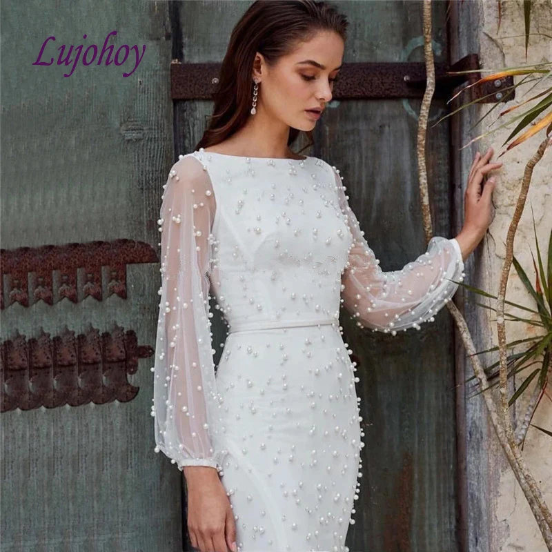 

Luxury Long Sleeve Mermaid Wedding Dresses Plus Size White Ivory African Women Girl Bridal Bride Gowns