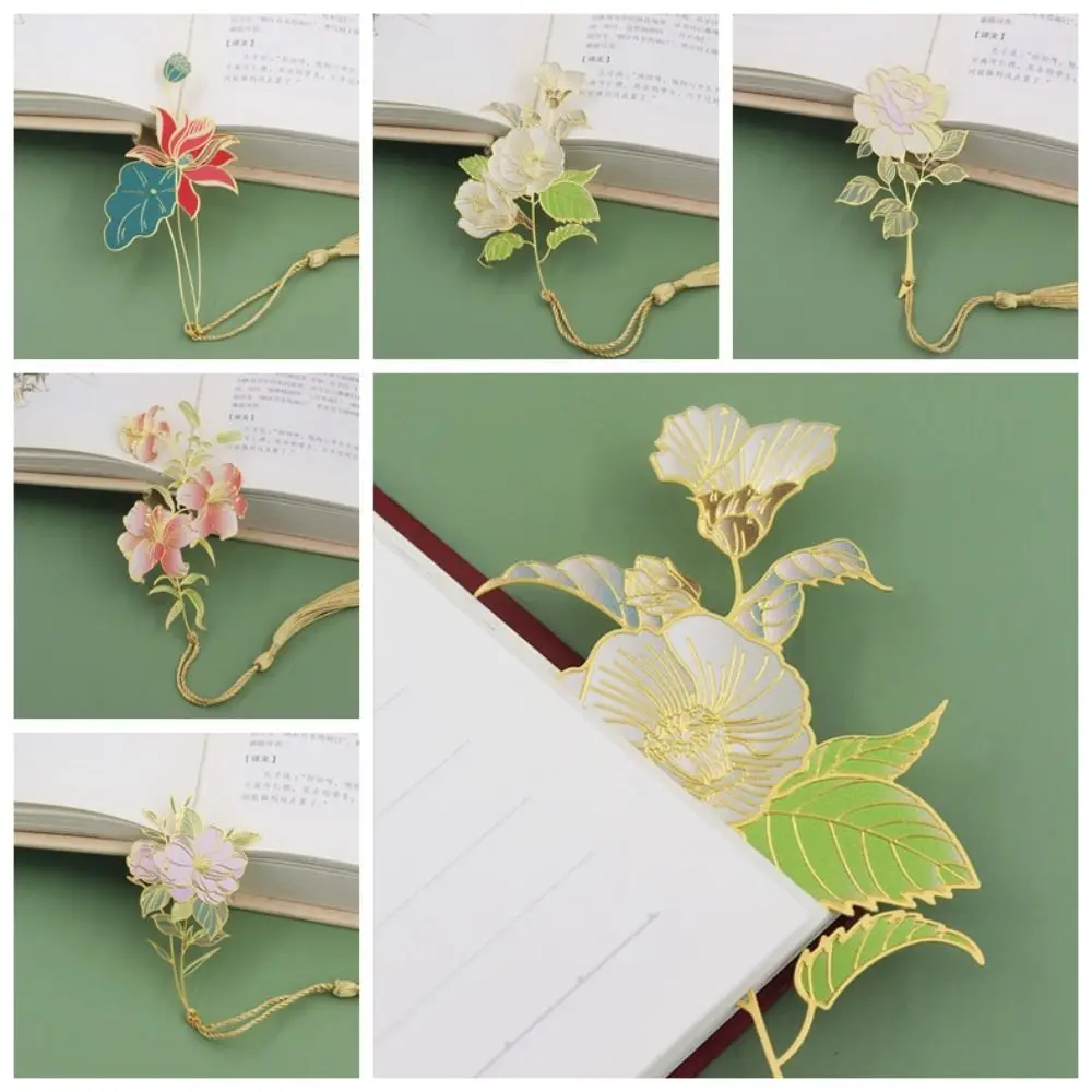 

Book Page Marker Metal Flower Bookmarks Book Paginator Chinese Style Hollowed Tassel Bookmark Lotus Camellia Book Lovers