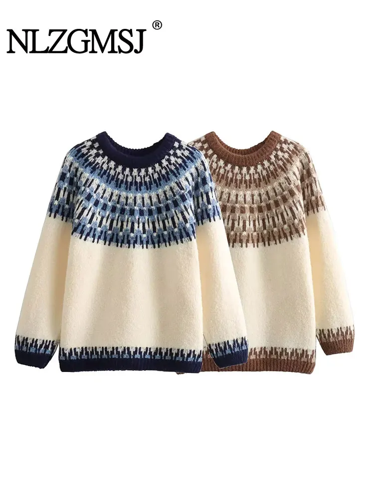 

Женский трикотажный свитер Nlzgmsj TRAF 2024, зимний теплый свитер с длинным рукавом, круглым вырезом и графическим принтом в стиле ретро, пуловеры, топы, одежда