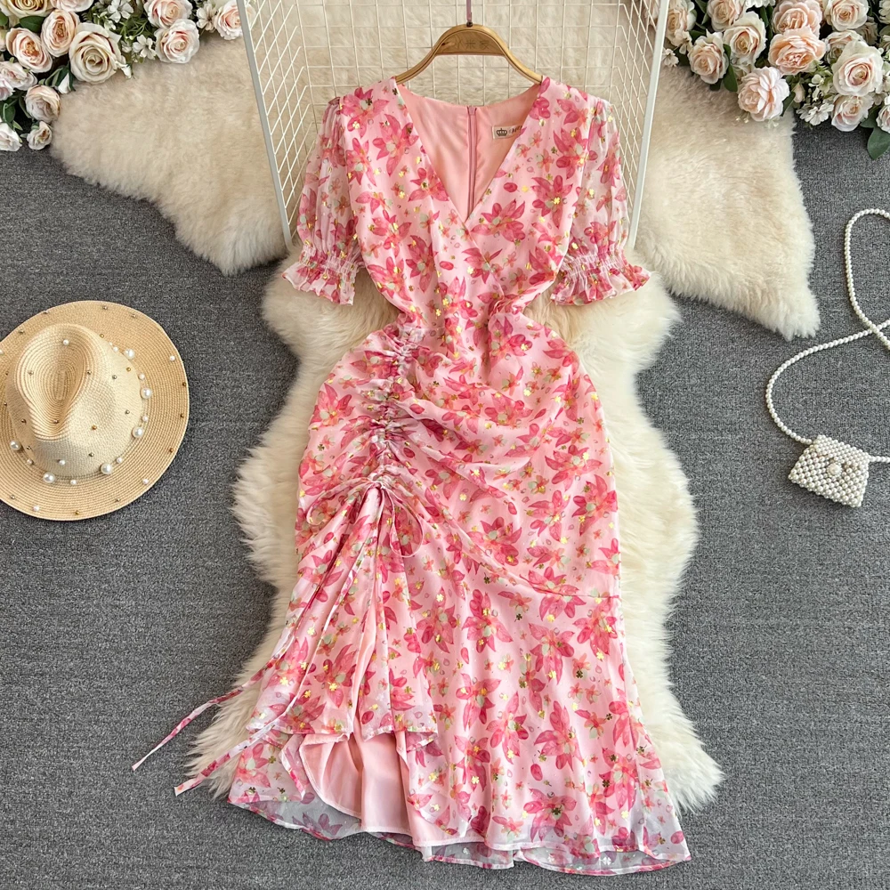 

Summer Gentle Wind Retro Temperament Short-sleeved V-neck Closed Waist Slimming Drawstring Printed Fish Tail Bag Buttock Dress