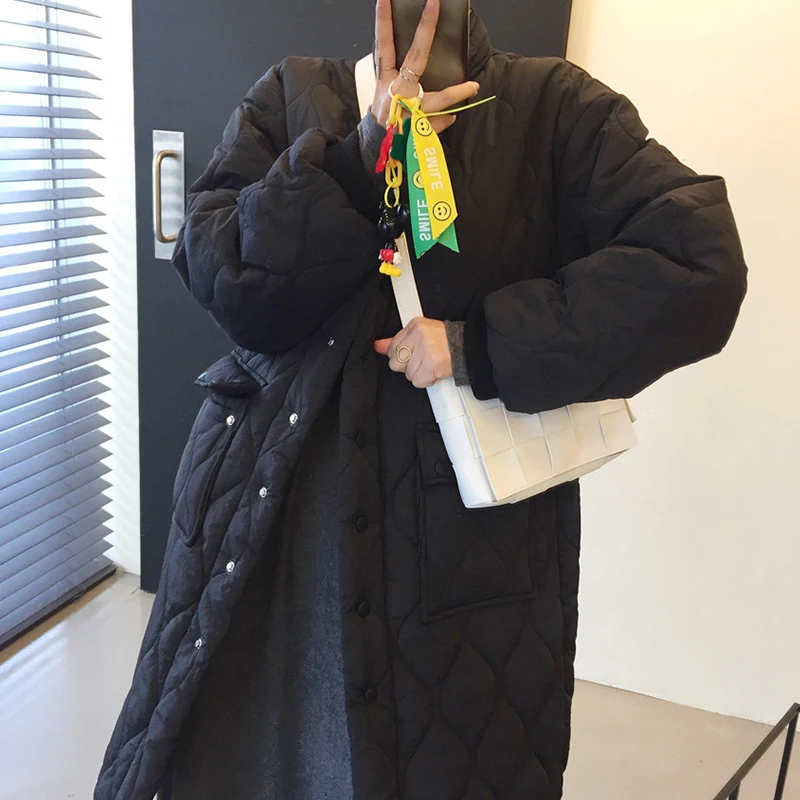 Chic Autumn Winter Women's Diamond Padded Coat Fashion Solid Thickening Parkas Ladies Vintage Single-Breasted Long Coat