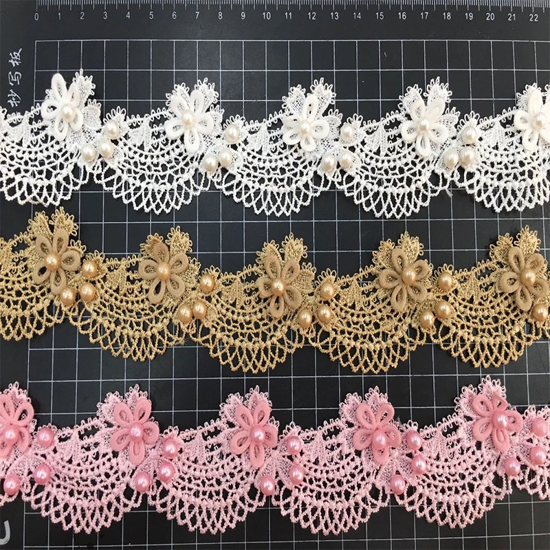 

Embroidered Lace Trim Ribbon Fabric Patchwork Wedding Dress Sewing Supplies 1yard Pearl Flower Ocean Waves Craft 4.5cm Width