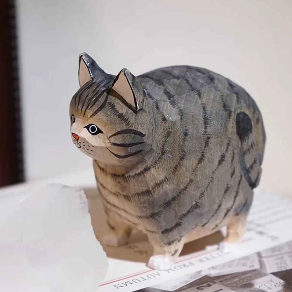 Резная массивная деревянная фигурка кошки ручной работы - милый декор толстого котенка для дома/офиса/стола, очаровательный подарок в виде животного для любителей кошек