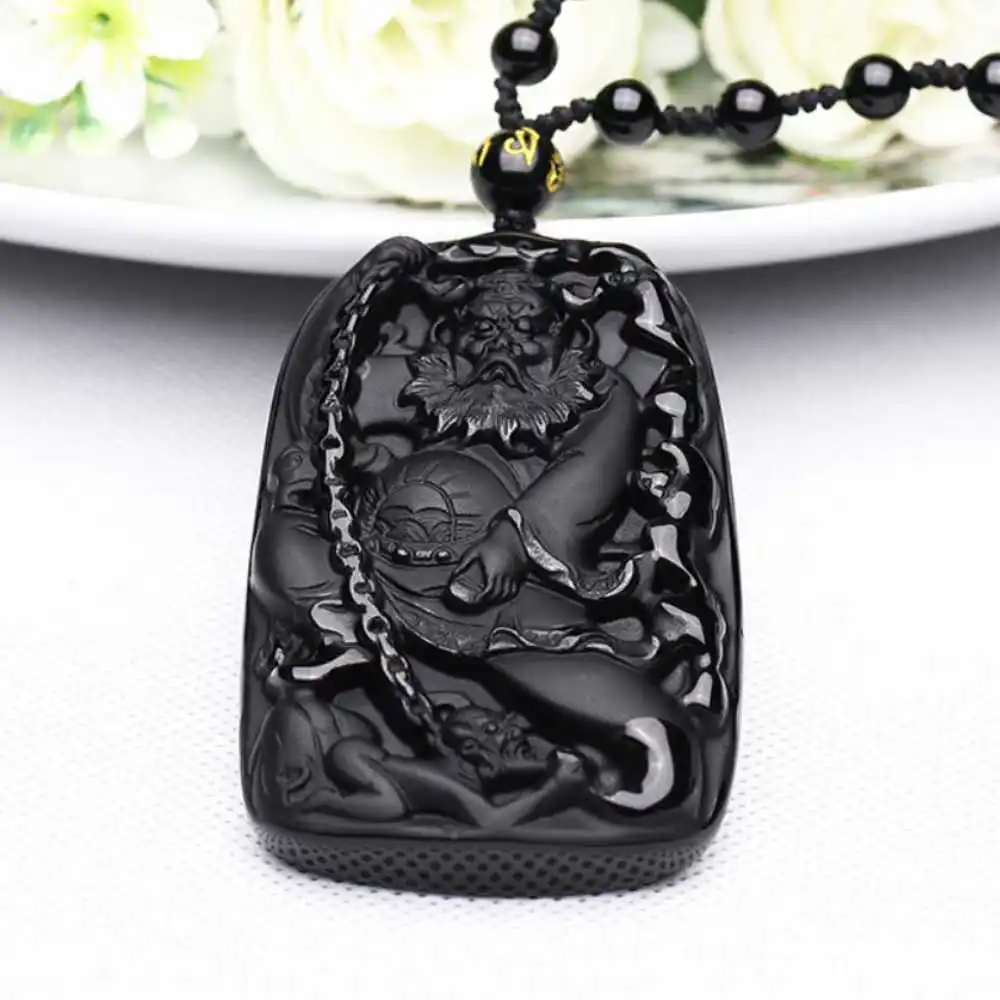 

Natural Obsidian Carved Zhong Kui Lucky Amulet Pendant Necklace Jewelry Wholesale Clavicle Craft Quartz Wedding Zodiac Gifts