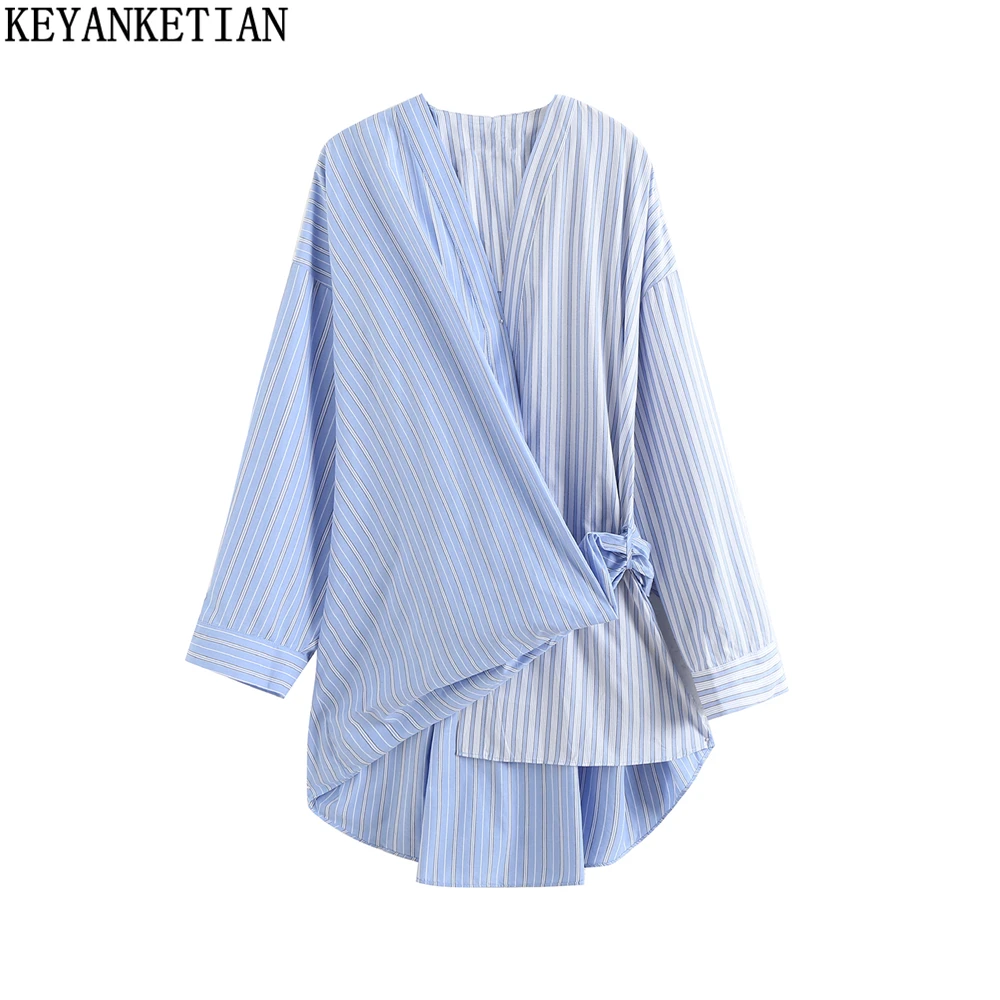 

KEYANKETIAN spring new women's high street style lace-up double front asymmetric stitching stripe stripe mid-length chic top