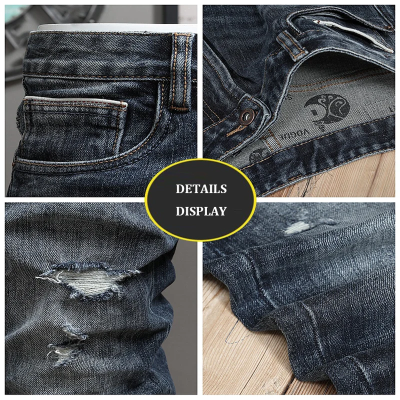 Fashion Designer Men Jeans Vintage Blue Stretch Elastic Slim Fit Ripped Jeans Men Hole Trousers Casual Retro Denim Pants Hombre