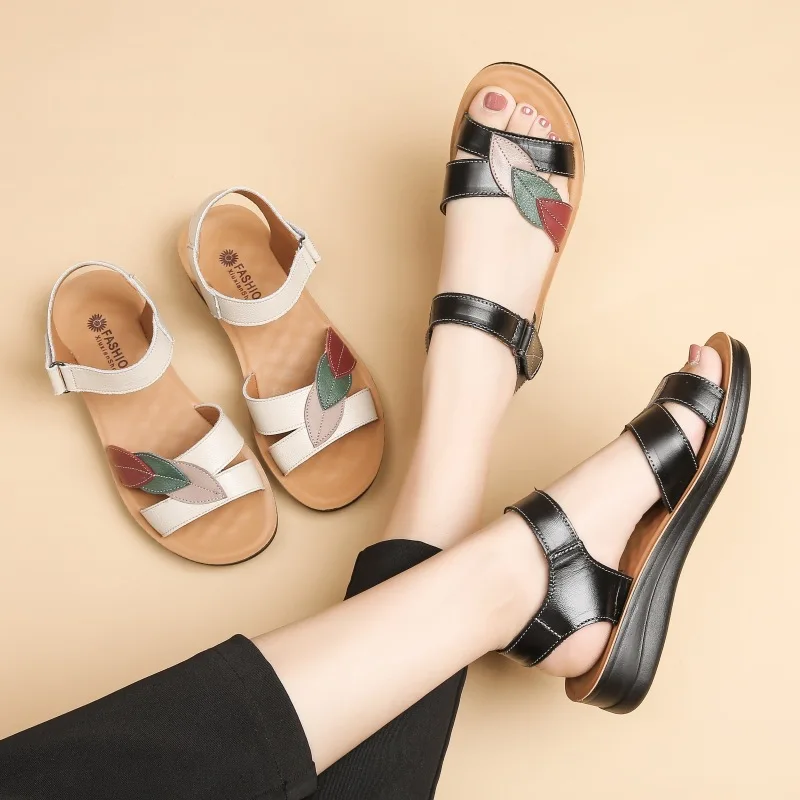 2023 New Mom Split Leather Sandals Anti-odor Soft Soled Summer Women Granny Shoes Plus Size 42 Wedge Sandal Sneakers Female Shoe