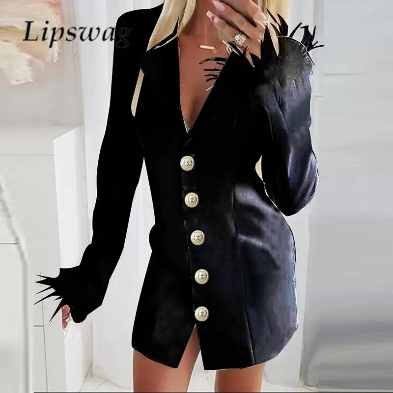 

Модное однобортное облегающее мини-платье с отложным воротником, женское однотонное платье-блейзер, женские офисные платья с длинным рукавом и перьями