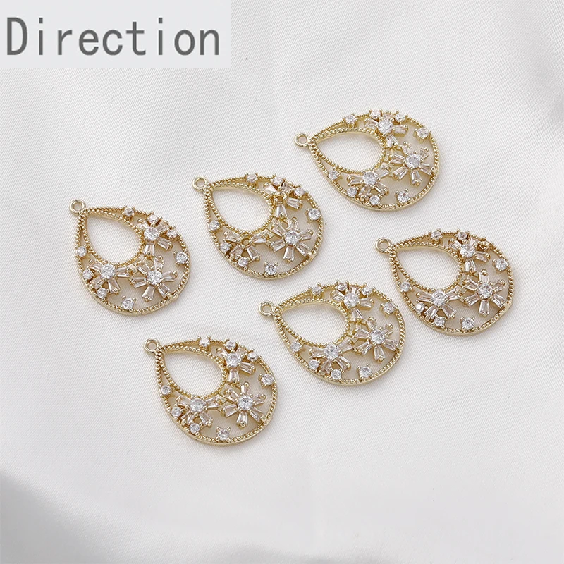 

14k Gold Covered Retro Hollow Water Drop Inlaid With Zircon Flower Pendant DIY Earrings Necklace Hand Made Accessories Material