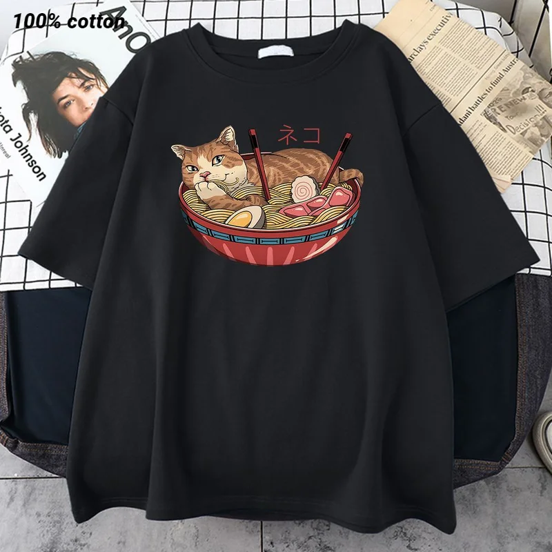 Футболки в виде кошки и лапши, мужские футболки высокого качества Caeroon, футболка с принтом голубого дракона, свободные футболки большого размера для макияжа