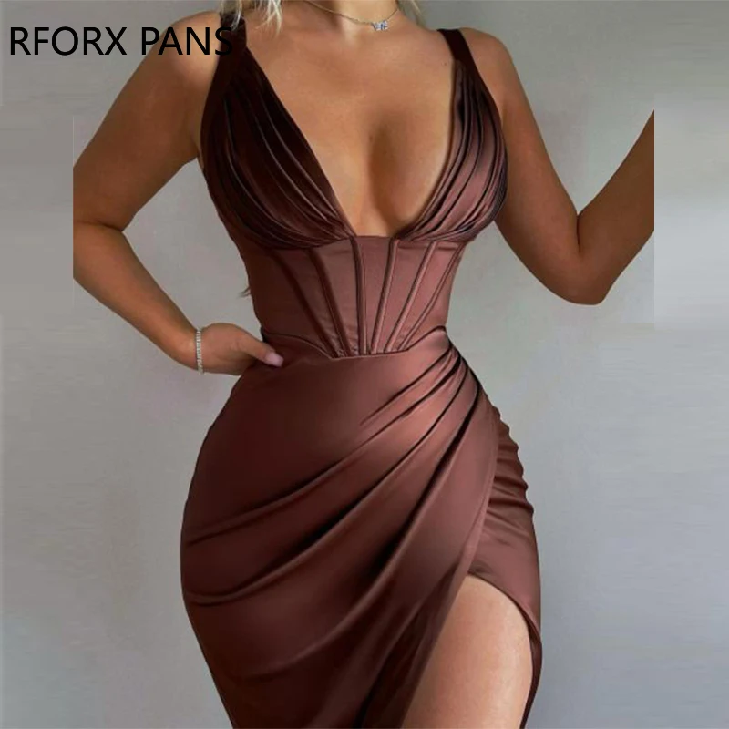 Women Chic Solid Bright Satin Ruched High Slit Corset Party Dress
