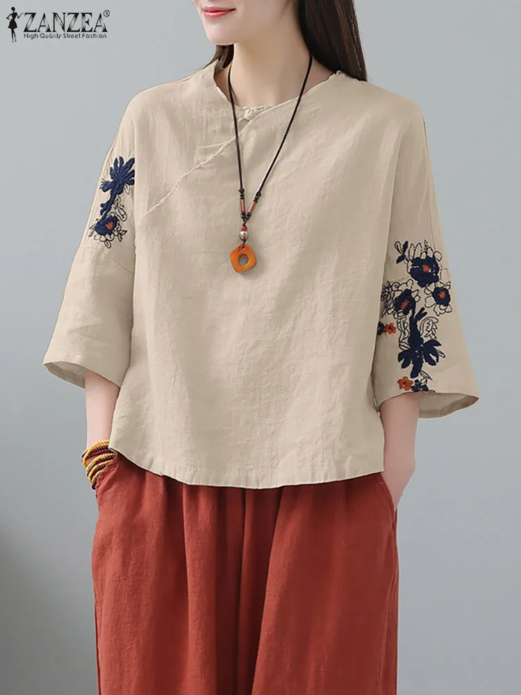 

ZANZEA Femme Fashion Casual Holiday Vintage Tops 2022 Woman Embroidery Printed Blouse Summer 3/4 Sleeve O-Neck Blusas Chemise