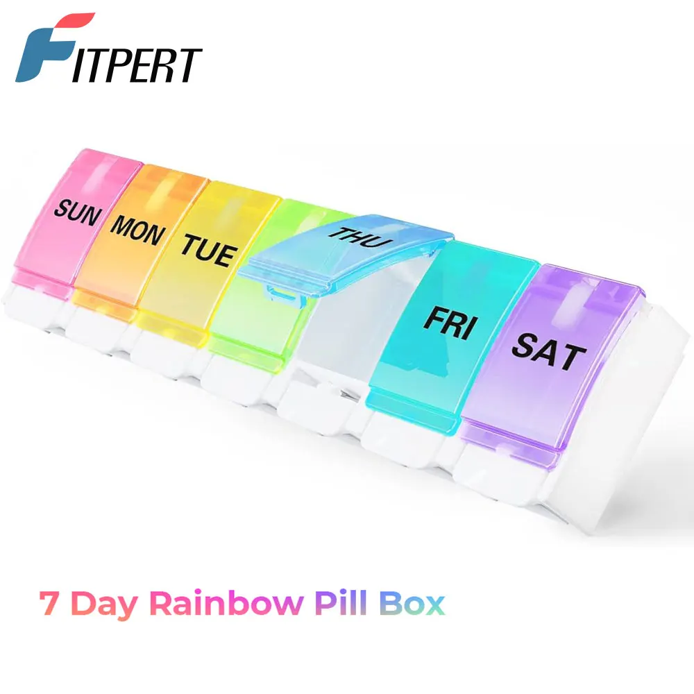 

Large 7 Day Pill Organizer One Time A Day or Twice A Day, Push Button Weekly Pill Box, Vitamin Pill Case, Rainbow Pill Container