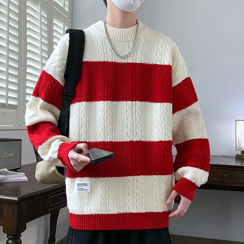 Полосатый свитер контрастного цвета мужской зимний свободный с круглым вырезом