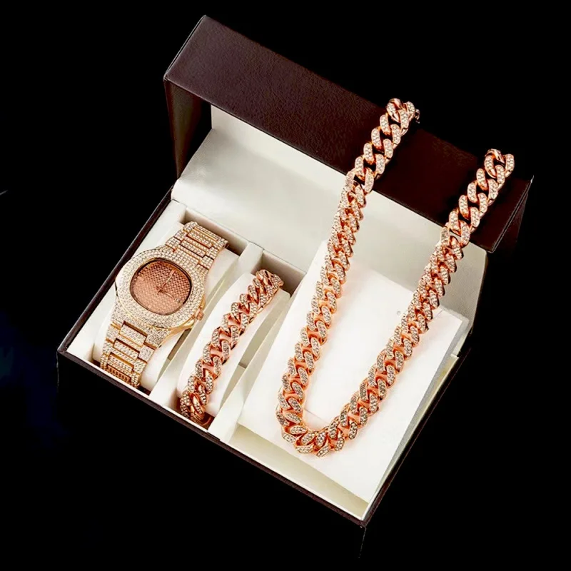 

Ожерелье в стиле хип-хоп, рэп, бриллиантовое золото и серебро, Европейская и американская кубинская цепочка, браслет для часов, ювелирный костюм из трех предметов