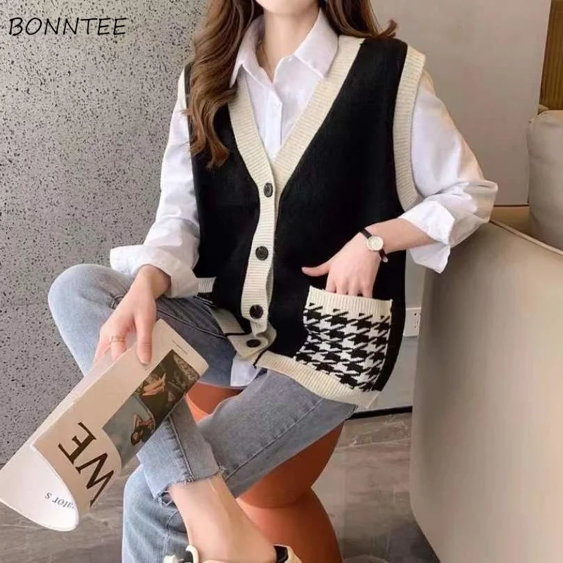 

Sweater Vest Women Streetwear Ins All-match Pockets Patchwork Gentle New Design Топ Женский Trendy Loose Hot Sale V-neck Cozy