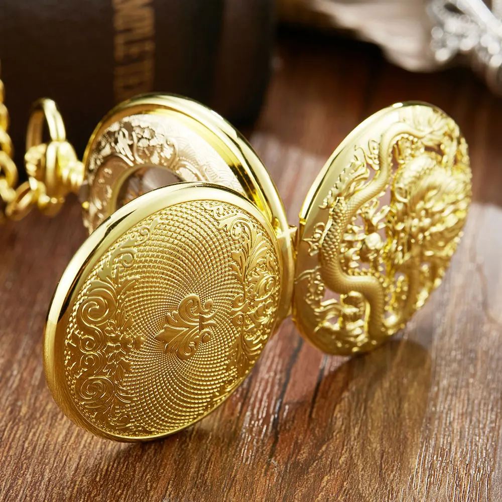 Vintage Golden Dragon Phoenix Hollow Exquisite Sculpture Skeleton Mechanical Pocket Watches Retro Men Chains Lucky Lover Wedding
